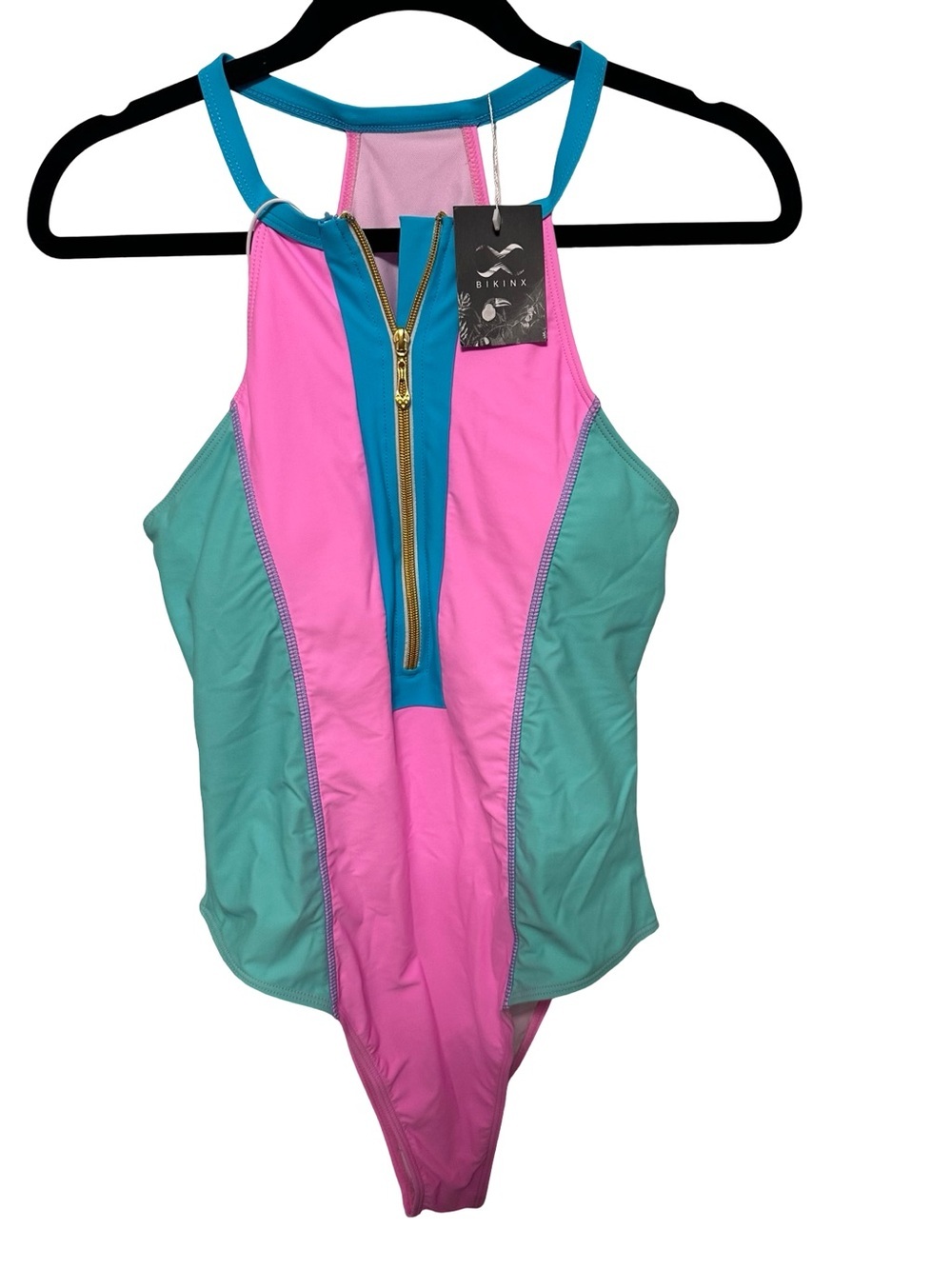Bikinx Colorblock Zip One-Piece Swimsuit - Pink & Teal